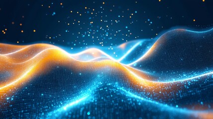 Canvas Print - Futuristic Abstract Digital Landscape with Glowing Waves and Data Flow in Blue and Orange Tones