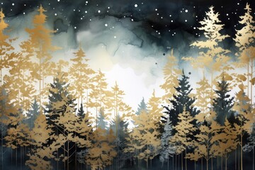 Wall Mural - Dark forest watercolor background backgrounds outdoors painting.
