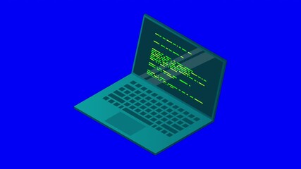 Isometric laptop animation. 3d isometric laptop computer. Abstract programming language and program code on a laptop screen. Isometric technology. 4K video animated in isometric style