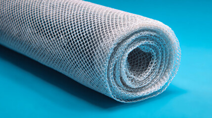 White plastic mesh roll on blue background
