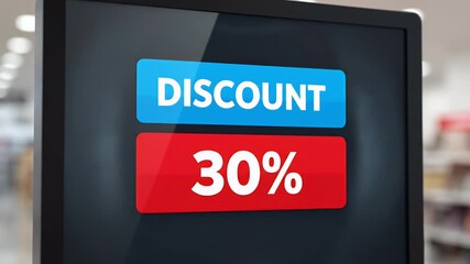 Digital screen displaying a 30% discount offer for retail promotion in a blurred store background, emphasizing sales and savings.
