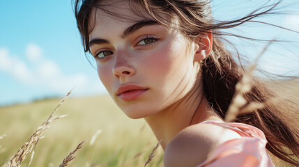 Wall Mural - young woman enjoying a sunny day in a field of tall grass with a clear blue sky in the background