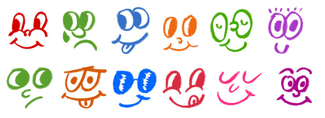 Wall Mural - Cartoon Happy Smiley Faces Crayon Chalk Drawing Doodle Vector Set