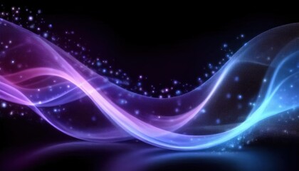 Wall Mural - glowing blue and violet light wave with sparkling particles on dark background for futuristic wallpaper or elegant banner design