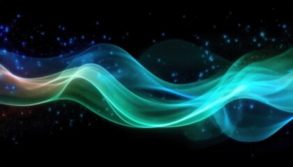 Wall Mural - glowing turquoise light wave flowing in dark cosmic space with sparkling stars and fluid motion ideal for wallpaper or banner background