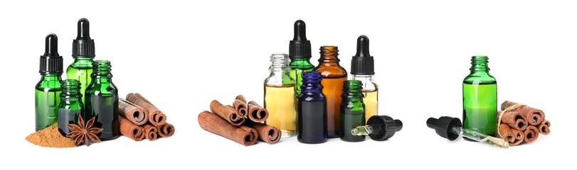 Wall Mural - Cinnamon oil, sticks and powder isolated on white, set