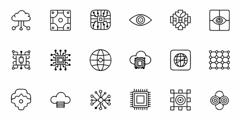 Modern technology icons representing cloud, circuits, AI, and global connectivity for digital innovation and data science concepts