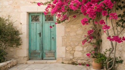  Vintage rustic turquoise wooden door framed by blooming pink bougainvillea flowers, stone wall background, Mediterranean aesthetic, cinematic soft lighting.”