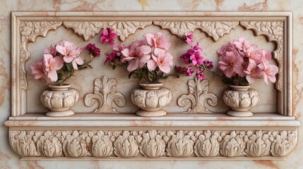 Ornamental Shelf with Pink Flowers. Decorative wall art, a display of pink flowers in carved vases. Possible use Interior design, home decor, prints, wallpapers