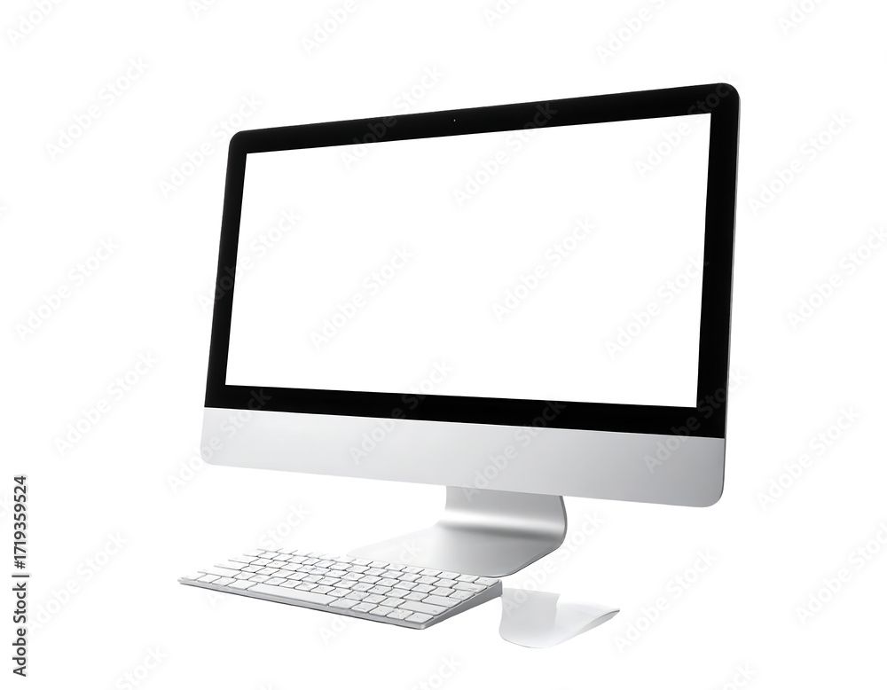 Computer Angled View Sleek silver all-in-one desktop computer with blank screen and matching ...