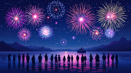 A festive illustration of fireworks exploding over a body of water, with silhouetted figures watching the display
