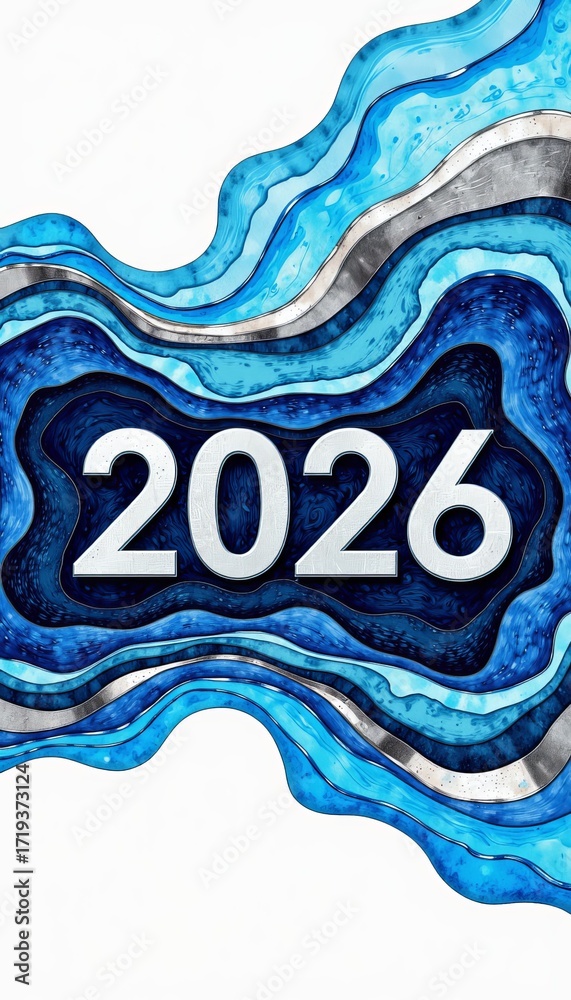 Abstract Wave Pattern with Bold Metallic 2026 Numerals on Layered Blue ...