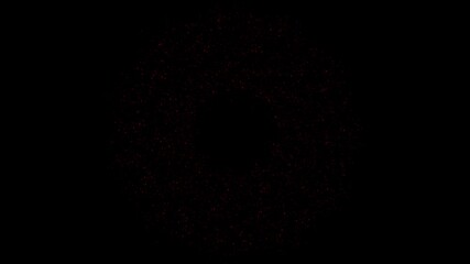 Wall Mural - Red energy particles swarm to create luminous ring, then transition into pulsing concentric circles on black background. Ideal for science, tech, or music visuals. Seamless loop with copy space