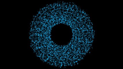 Wall Mural - Dense ring of glowing blue particles with swirling motion on black background. Abstract visual for space, science, or energy concepts. Copy space in center for text or logo