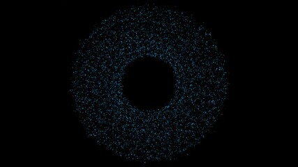 Wall Mural - A dense ring of glowing blue particles swirls slowly on an isolated black background. Abstract seamless loop for science, technology, or fantasy visuals. Central copy space