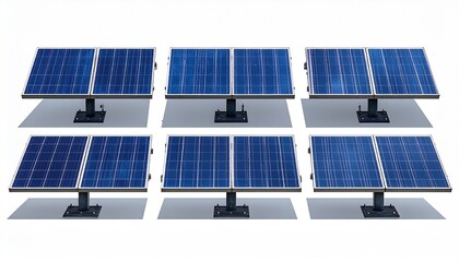 Six blue solar panel arrays mounted on angled metal stands, arranged in two rows for optimized sunlight absorption.