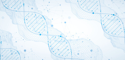 Abstract image of DNA molecule on wireframe wave. Scientific vector background.