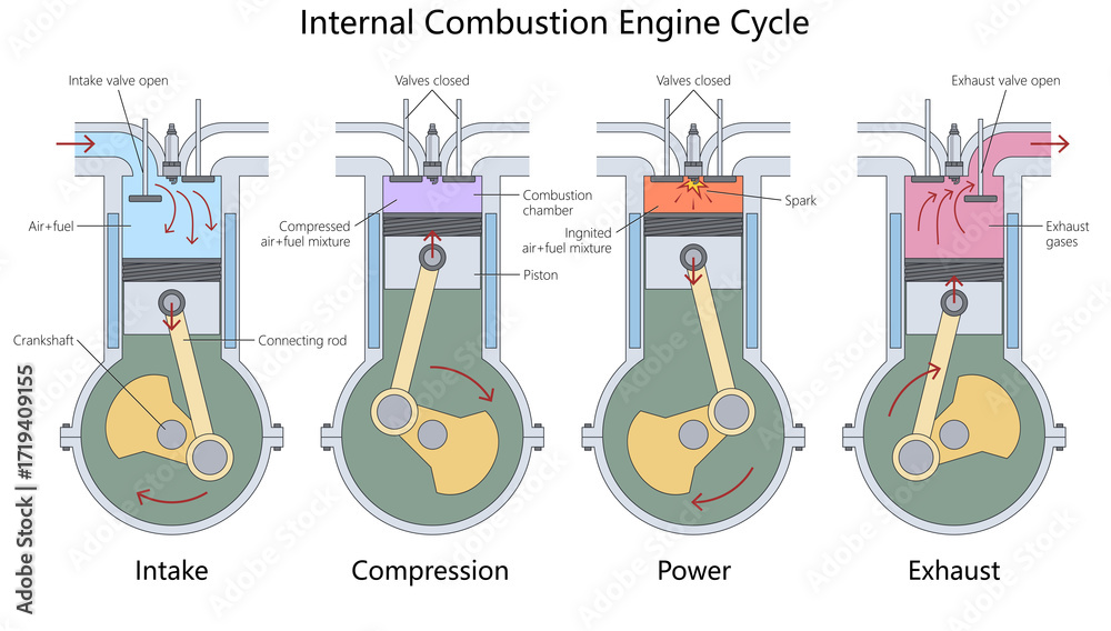 Ilustración de Stock four-stroke internal combustion engine cycle ...