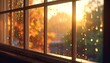 © Alif - Golden hour sunlight streaming through a rain-streaked window pane during a peaceful autumn day, with colorful foliage in the background
