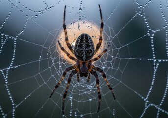 Close up of a large spider on a dew covered web