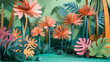 © BlueEchi - Vibrant handcrafted paper jungle with whimsical coral flowers and lush tropical foliage, diorama of a fantasy rainforest