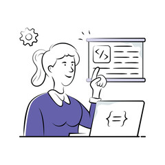 A simple doodle style illustration of a woman leading a coding workshop.