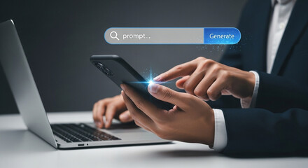 Person using smartphone and laptop with search bar and generate button prompt