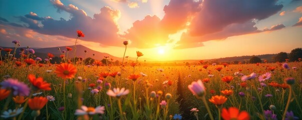 Wall Mural - A vibrant sunrise over a field of wildflowers, radiating joy and warmth, symbolizing the boundless energy of happiness and positive energy , summer, positive