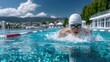 © jefan - Swimmer in Motion Inside Outdoor Pool with Clear Blue Water Glistening Under Bright Sunny Day Reflective Goggles White Cap and Lakeside Cityscape Backdrop