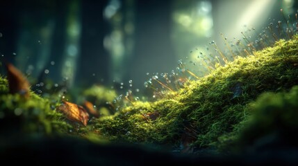 Wall Mural - Enchanted Forest Floor with Moss, Dew, and Sunbeams: A Tranquil Nature Scene