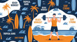 © zara - Tropical beach workout motivation with palm trees waves and a weightlifting man illustration