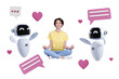 © deagreez - Composite trend artwork 3D sketch photo collage of robot assistant artificial intellect young lady meditate om zen speech cloud heart
