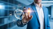 © Shayful Islam GFX - A businessman is touching the erp system on a virtual screen, which is an enterprise resource planning system that integrates all facets of the business into a unified system