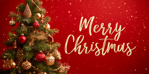 Wall Mural - christmas tree with merry christmas text on red background
