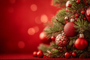 Wall Mural - decorated christmas tree with ornaments on red background
