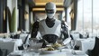 © Creative Insights - A sophisticated robot enjoys a meal at a beautifully set restaurant table, blending technology with fine dining in a modern setting