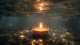 Surreal concept of a burning candle submerged in water with golden reflections