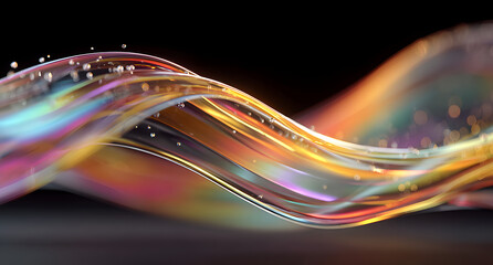 Wall Mural - 3d iridescent liquid glass ribbon wave line with neon rainbow light texture on abstract black background. Holographic gradient water flow with speed motion effect. Digital tech banner. 3D illustration