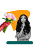 © deagreez - Vertical picture collage young girl finger shh shutup dont talk present bouquet flourish flowers receive womens day spring holiday