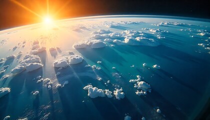 Stunning sunrise over Earth's blue ocean and clouds from space, casting dramatic shadows and illuminating the planet's beauty.