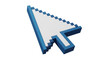 © Market - 3D blue and white cursor arrow pointing up and to the left on a white background. Retro-style arrow cursor. a retro pixel white cursor arrow pointer icon.