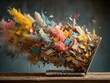 © horizon - Dynamic photograph of a laptop on a wooden desk, with a massive explosion of colorful envelopes flying out of the screen, visualizing overload.