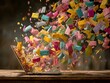© horizon - Dynamic photograph of a laptop on a wooden desk, with a massive explosion of colorful envelopes flying out of the screen, visualizing overload.