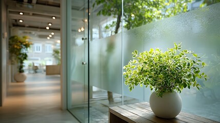 Wall Mural - Modern office interior featuring glass doors with frosted privacy film. A vibrant green plant is softly visible, adding a touch of nature.