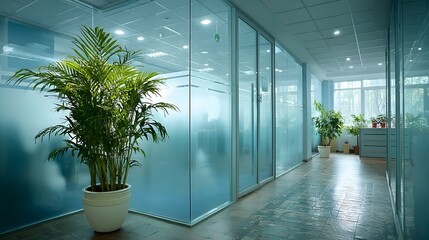 Wall Mural - Modern office interior featuring glass doors with frosted privacy film. A vibrant green plant is softly visible, adding a touch of nature.