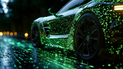 Software-defined vehicle driving along glowing digital highway with data streams and holographic overlays, palette of neon green, graphite black, and electric cyan, futuristic mobility 