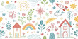 © Mili - Adorable seamless kids pattern with pastel doodle style rainbow, clouds, flowers, trees, animals, and houses. Ideal for children’s , fabric, greeting cards, wrapping, and cute digital backgrounds
