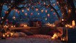 © Daphne - Cozy outdoor lounge with candles and lanterns under heart-lit tree at twilight
