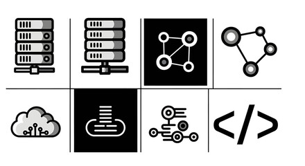Monochrome Server Network Icons: Data Storage, Cloud Computing, and Code