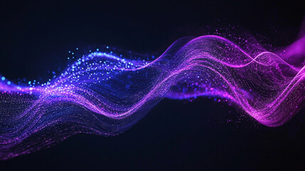 Abstract purple and blue glowing particle wave flowing across dark background with futuristic digital texture, generative AI